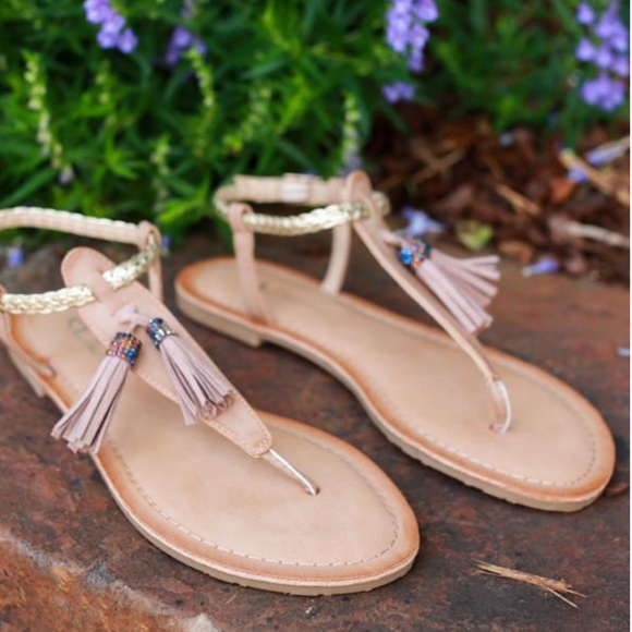 NIB Nude Beaded Braided Tassel T Strap Sandals - Picture 2 of 2